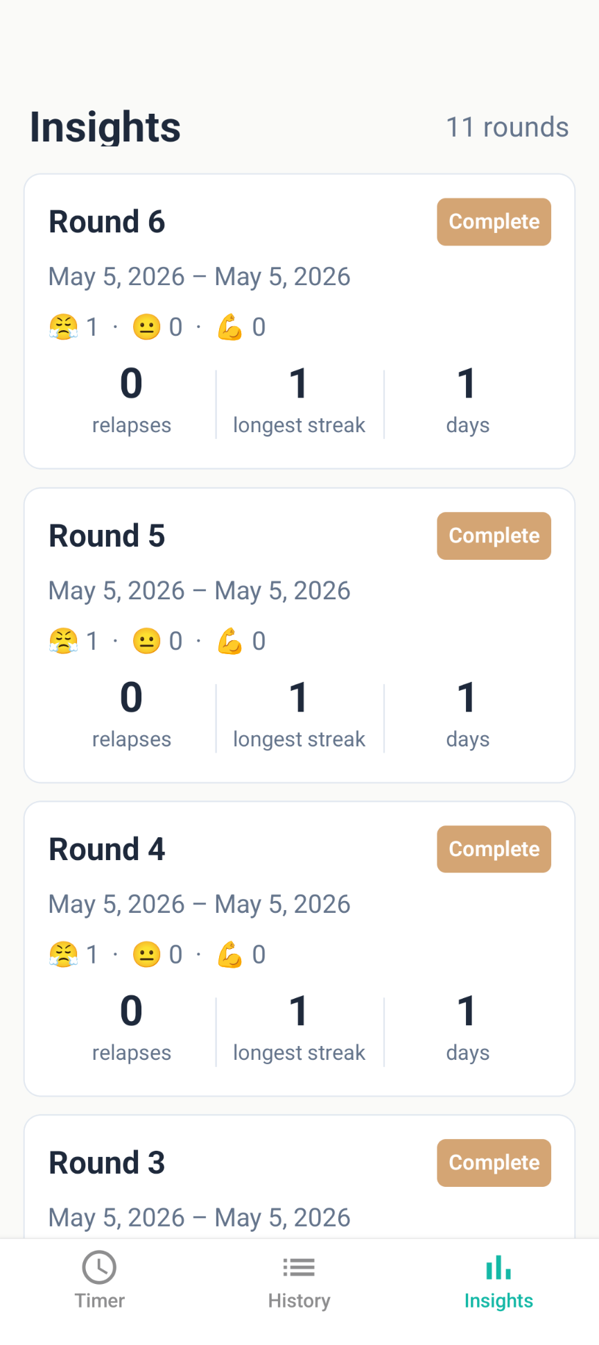 Insights screen listing completed rounds with relapse counts and longest streaks.