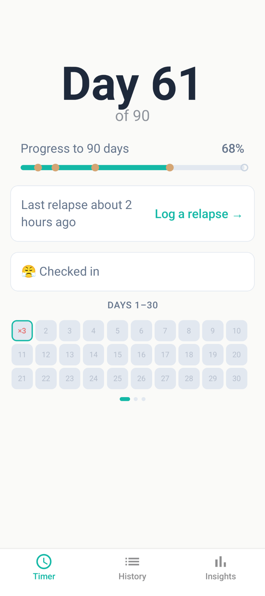 The 90 Days Recovery Tracker app showing Day 61 of 90, 68% progress toward the goal.